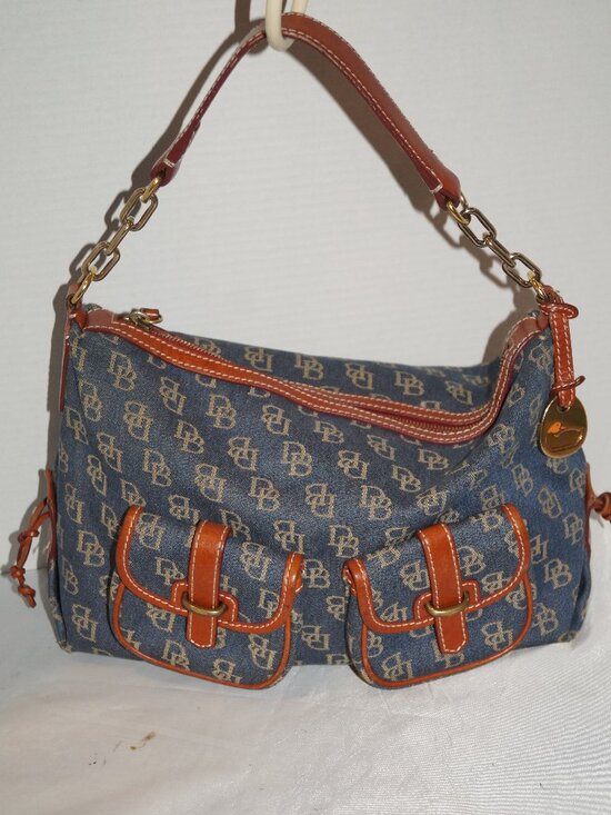 Dooney & Bourke Handbags - Dooney & Bourke Denim Handbag Blue Brown Leather Large Purse Monogram Medallion
